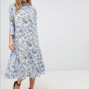 NWT ASOS High Neck Midi Blue Floral Dress